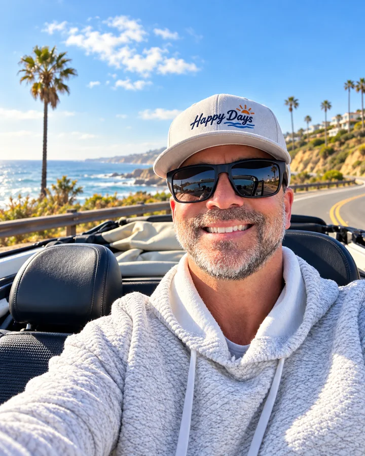 Nick Petro on a coastal drive wearing a Happy Days hat